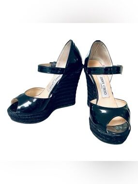 Jimmy Choo black patent Mary Jane espadrille wedges - size 36- vintage